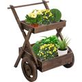 Outdoor Plant Stand on Wheels with 2 Shelves Wooden Flower Cart Display Stand Wagon Decor for Garden Patio Balcony Greenhouse