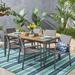 Joanna Outdoor 7 Piece Aluminum and Mesh Dining Set with Wood Top Natural Finish Gray