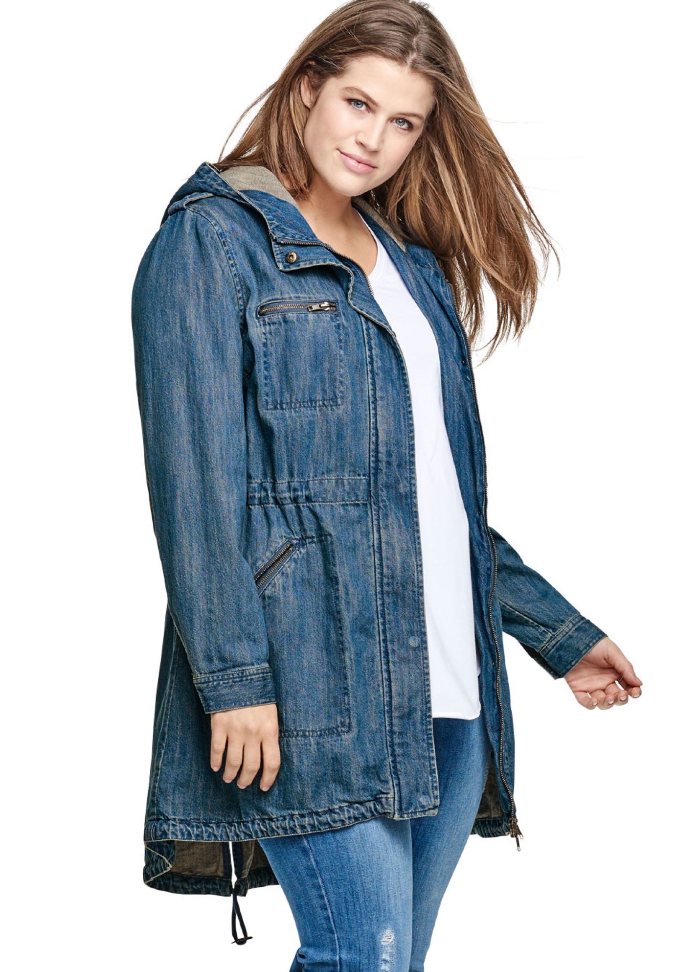 Plus Size Women's Hooded Anorak Denim Jacket by ellos in Medium Stonewash (Size 38)