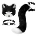 hbbhml Faux Fur Fox Mask Wolf Cat Fluffy Tail and Leather Necklace Set Halloween Party Cosplay Costume Accessory