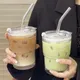 Tazza da caffè in vetro a righe da 450 ml con coperchio e cannuccia Bicchieri trasparenti Tazza da tè Bicchiere da succo Latte Tazze da moka Tazza da colazione Bicchieri