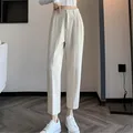 Women's Black High-Waisted Suit Pants 2024 Spring Summer Solid Button Casual Loose Ankle-Length