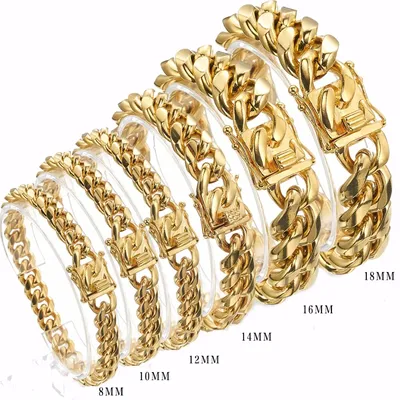 Neue Ankunft 8/10/12/14/16/18mm 316L Edelstahl Miami Curb Kubanischen link Kette Gold Farbe Armband