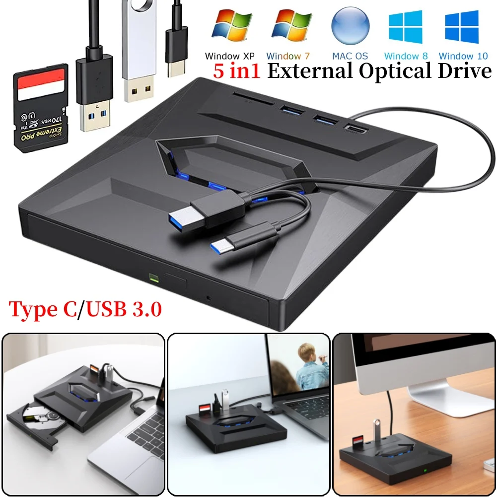 5 in1 USB 3.0/Typ C externes DVD-CD-RW optisches Laufwerk VCD-Player Festplatten laufwerk DVD-Brenner leser mit SD/TF-Anschluss für Laptop-PC Image