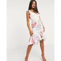 Lipsy plunge front ruffle midi dress in pink floral print-Multi