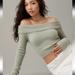 American Eagle Outfitters Tops | American Eagle Off-The-Shoulder Cropped Long-Sleeve Sweater | Color: Green | Size: M