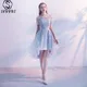 Skyyue Prom Dresses Off Shoulder Lace Solid Sexy Prom Dress Boat Neck A-Line Embroidery Short Sleeve