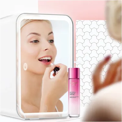 Beauty Fridge With LED Lighting 4 Liter Mini Refrigerator, Skin Care, Makeup Storage, w/Mirror &