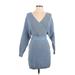 Casual Dress - Mini V-Neck 3/4 sleeves: Blue Print Dresses - Women's Size Small