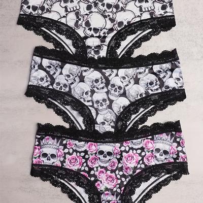 3pcs Contrast Lace Hipster Panties, Skull Print In...