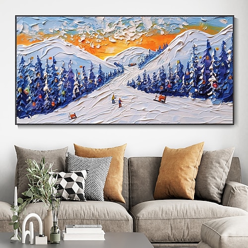 handgemaltes weißes Ski-Leinwand-Ölgemälde, handgefertigte Ski-Resort-Texturkunst, farbenfrohes Kieferngemälde, Handgemälde, Skisport-Kunst, Gemälde für Wohnzimmer, Dekoration, Kunst, frisch vermählte Image