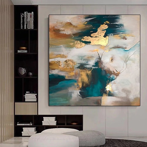 Große handgemalte abstrakte Wandkunst – goldene abstrakte Malerei – Acryl-Goldfolienmalerei auf Leinwand – blaue Farbmalerei – Heimdekoration, abstrakte Malerei, Wandkunst, Trendstruktur, Image