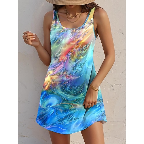 Abito mini donna Abito casual Abito petite Abito estivo Abito senza maniche Abito vintage Vacanza Festa Data Vestibilità comoda Ombre Senza maniche Collo rotondo Blu Estate
