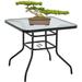 Outdoor Patio Table with Umbrella Hole 32 inches Tempered Glass Top Square Patio Table Conversation Coffee Table Metal Steel Frame All-Weather Furniture for Balcony Backyard and Poolside