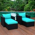 Patio Sectional Sofa 4 Pieces Outdoor Wicker Set Armrest Chairs Ottomans with Turquoise Cushions and Covers Black Rattan