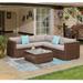 4-Piece Outdoor Set All-Weather Brown Wicker Sectional Sofa w Warm Gray Thick Cushions Glass Coffee Table 2 Teal Pattern Pillows Incl. Waterproof Cover Clips