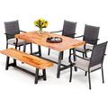 PHI VILLA 6 Piece Outdoor Wooden Dining Set for 6 1 Acacia Wood Dining Table & 1 Bench 4 Cushioned Rattan Dining Chairs Farmhouse Furniture Set for Patio Yard Deck Porch