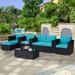 Outdoor Patio Sectional Set Sofa Rattan Conversation Set 5 Pieces Wicker Sofa with Ottoman Turquoise