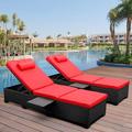 Outdoor PE Wicker Chaise Lounge for Outside - 2 Piece Patio Furniture Set Black Rattan Reclining Chair Beach Pool Adjustable Backrest Sunbathing Recliners with Peacock Blue Cushions