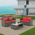 Highsound 4 Piece Outdoor Patio Furniture Sets Wicker Conversation Set for Porch Deck Gray Rattan Sofa Chair with Cushion Red