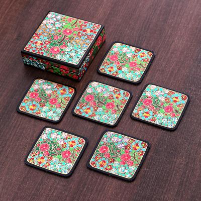 Blooming Time,'Set of 6 Floral Painted Wood and Papier Mache Coasters'