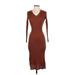 Shein Casual Dress - Midi V Neck 3/4 sleeves: Brown Solid Dresses - Women's Size Small