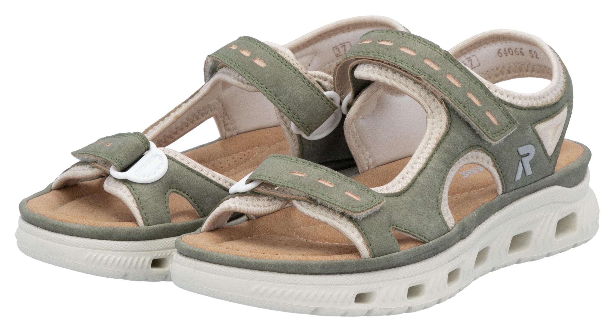 Sandale RIEKER SPORT "Outdoorsandale", Damen, Gr. 37, grün (schilf, creme), Lederimitat, Textil, Schuhe Sandale, Sommerschuh, Sandalette, Plateauabsatz, mit Klettverschlüssen