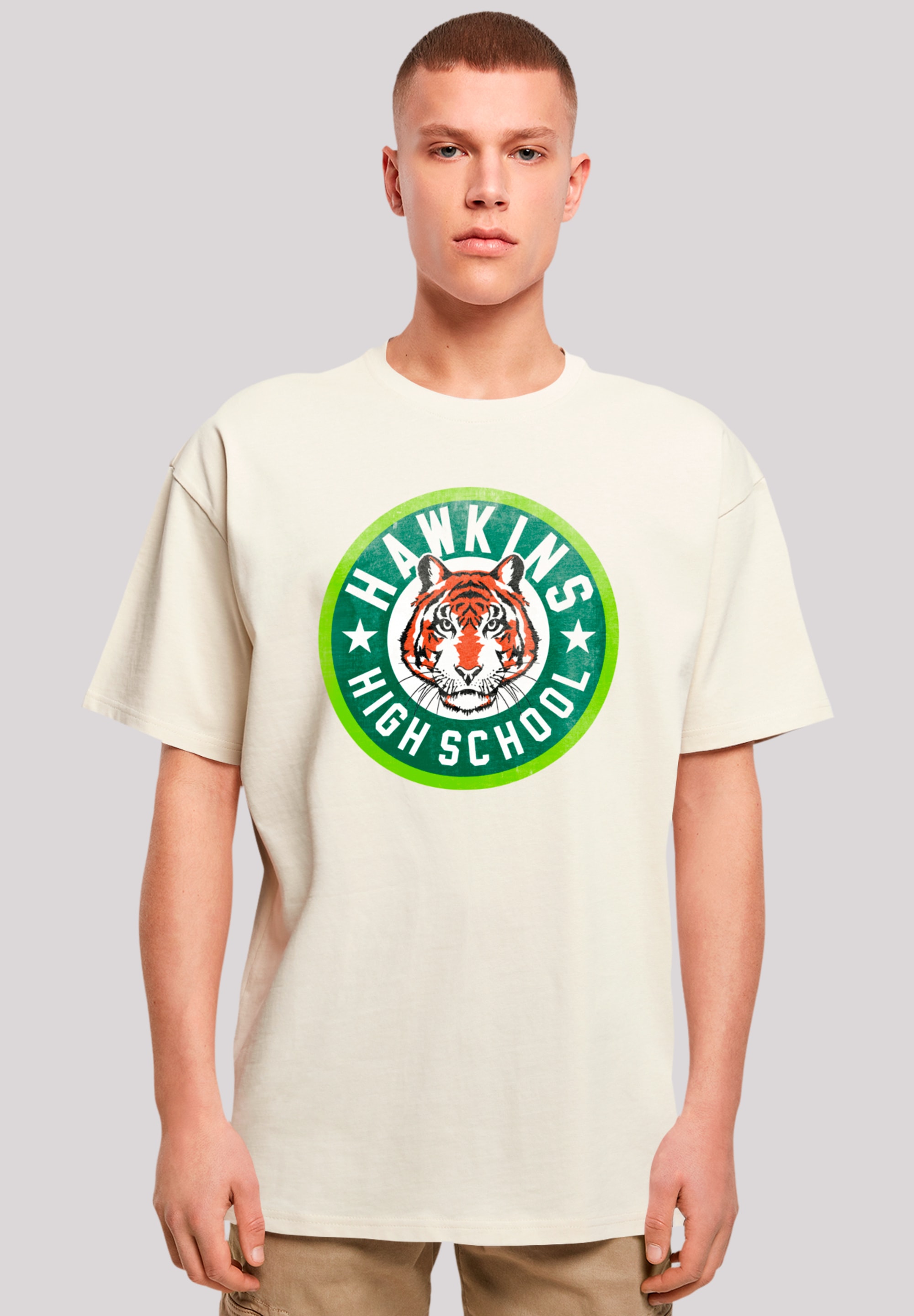 T-Shirt F4NT4STIC "Stranger Things Hawkins Tiger Circle", Herren, Gr. XS, beige (sand), Obermaterial: 100% Baumwolle, casual, oversize, Rundhals, ohne Bündchen, Shirts, Premium Qualität Image