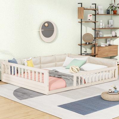 Full Size Upholstered Floor Bed with Guardrail and Pillow, Toddler Floor Montessori Bed, Floor Platfrom Bed with Slats for Kids