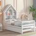 Twin Size House Platform Bed with Bookcase Headboard, Wooden Twin Kids Bed Frame with Fence Guardrails and Twin Trundle Bed