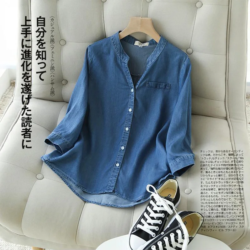 Blue Denim Lyocell Casual V-Neck Single Breasted Three Quarter Sleeve Women's Blouse Shirt Korean Fashion Female Clothing Tops