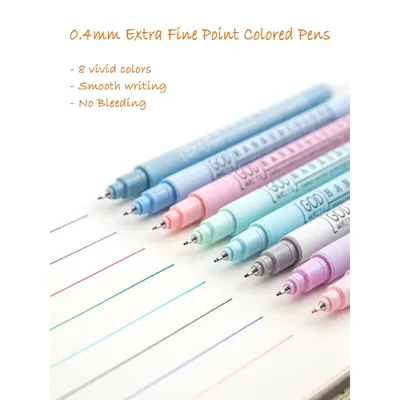 8 Colors 0.4mm Extra Fine Point Colored Pens Water-based Journal Planner Fineliner Pen for Journaling Note Taking Writing