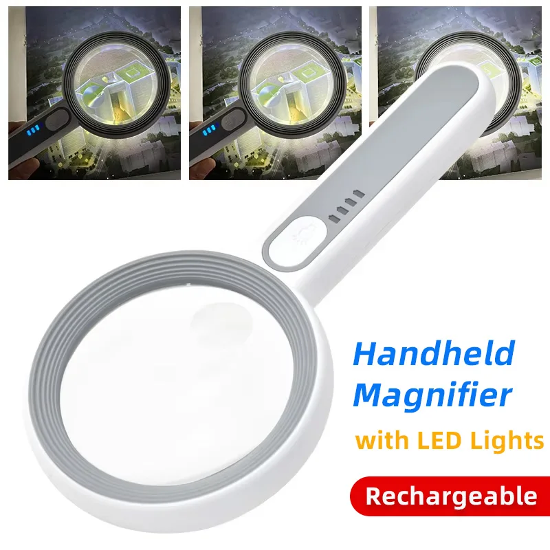 Handbeleuchtete Lupe mit LED-Licht, tragbare wiederaufladbare USB-beleuchtete Lupe zum Lesen von Zeitungsschmuck Image