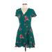 Xhilaration Casual Dress - Mini V Neck Short sleeves: Teal Floral Dresses - Women's Size Medium