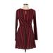 Lily Rose Casual Dress - Mini Keyhole Long sleeves: Burgundy Stripes Dresses - Women's Size Large