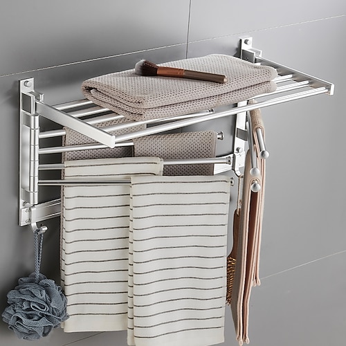 Edelstahl-Handtuchhalter, Badezimmer-Handtuchhalter mit Regal, faltbares Handtuchregal mit beweglichen Haken, rostfreie Handtuchaufbewahrung, Wandhalterung für Badezimmer, mattschwarz Image