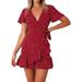 Eyicmarn Parent-child Summer Casual A-line Dress Red Short Sleeve V Neck Dot Print Ruffle Hem Dress
