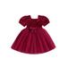 Eyicmarn Kids Girls Dress Solid Color Square Neck Short Puff Sleeve Dress Fall Fashion Layered Tulle Casual Princess Dress with Belt