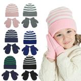 KYAIGUO 2PCS Kids Baby Boys Girls Hat with Pom and Glove 2-Piece Set Infant Striped Woolen Hat Warm Gloves Outfit 18M-8Y