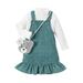 Lovskoo 4-8 Years Little Girls Fall Outfit Long Sleeve Knit Pullover Top Ruffled Suspender Dress and Bag 3Pcs Strap Dress Sets Green