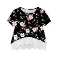 Virmaxy Toddler Girls Spring Summer T-shirt Kids Shirt Crewneck Lace Tee Layered Floral Print Short Sleeve Cute Kids Blouse Tops Black 11Y