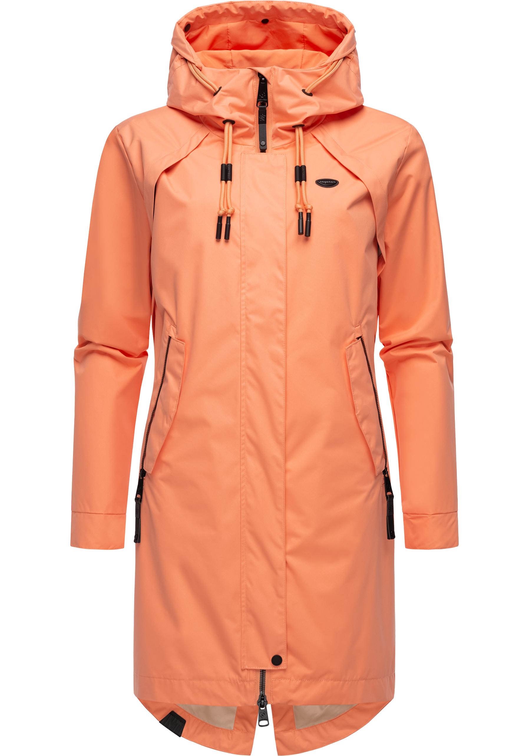 Jerseymantel RAGWEAR "Rejany", Damen, Gr. XS (34), orange (pfirsich), Obermaterial: 100% Polyester; Futter: 100% Polyester, loose fit knieumspielend, hoch geschlossener Ausschnitt, Ärmel ohne Ärmelschlitz Umschlagbund mit Druckknopf,verstellbar,...