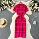 Short Sleeves Striped Long Dress Lapel Neck Hollow Out Slim Bodycon Sundress Fashion Hotsweet