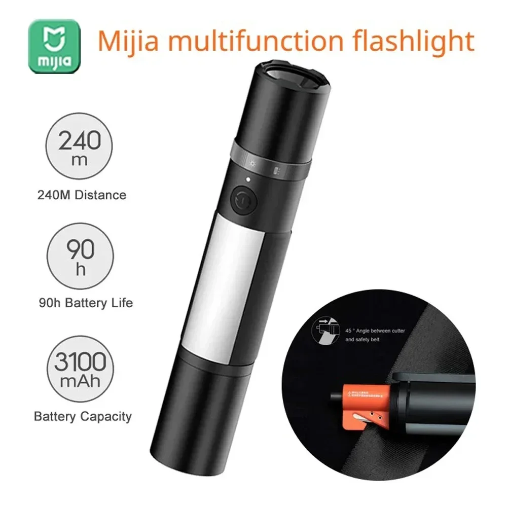 Mijia Multifunktionale LED-Taschenlampe, zoombar, ultrahell, Taschenlampe, Fensterbrecher, Sicherheitsgurtschneider, Auto-Notlicht, 3100 mAh Image