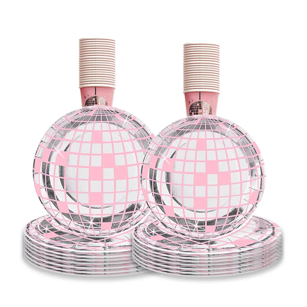 Rosa Disco Ball Thema Einweggeschirr Rosa Silber Disco Teller Tassen Servietten Erwachsene Frauen Happy Disco Geburtstag Party Dekor Image