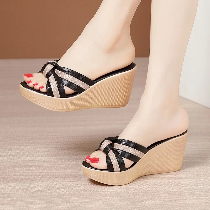 8cm Comfortable Small Size 32-43 Bow Stripe Platform Wedges Slippers Women Shoes 2026 Summer High Heels Slides Outside Office