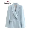 Blazer di lana donna primavera blu elegante ufficio signora manica lunga doppio petto cappotti