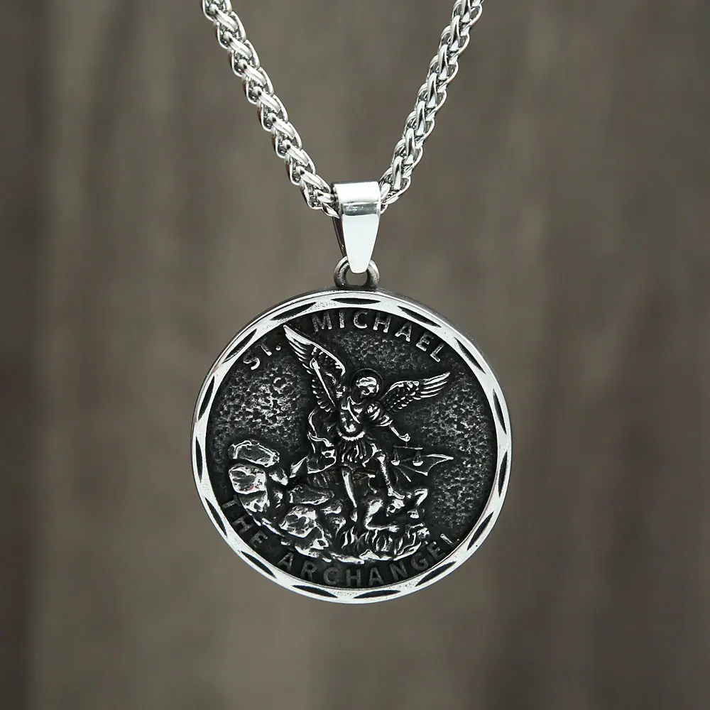 Vintage Männer Edelstahl Erzengel st. Michael Wächter Anhänger Halsketten Modeschmuck Kreativität Ketten Geschenke Großhandel Image