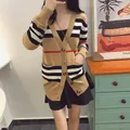 Women's Mid-length Knitted Jackets V-neck Loose Striped Sweater Female Cashmere Cardigan Thin Ladies