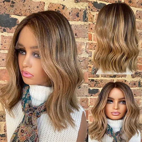 Remy Menschenhaar 13x4 Spitzenfront Perücke Bob Bubikopf Kurzer Bob Brasilianisches Haar Wellen Mehrfarbig Perücke 130% 150% Haardichte mit Babyhaar Strähnchen / Balayage-Technik Natürlicher Image